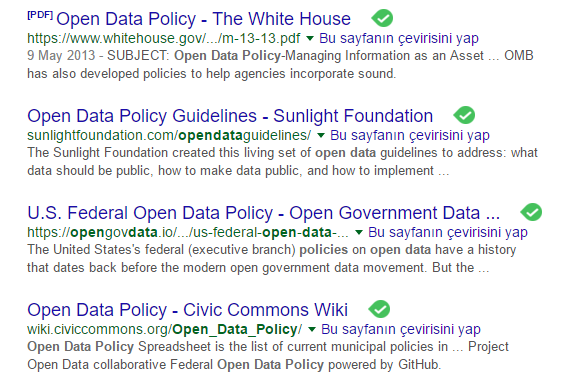 Beyaz Saray’ın Açık Veri Politikalarının Google arama ekran görüntüsüdür.
